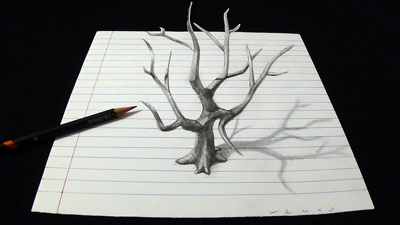 Dead Tree Drawing on Line Paper - How to Draw a Tree - 3D Trick Art by Vamos
