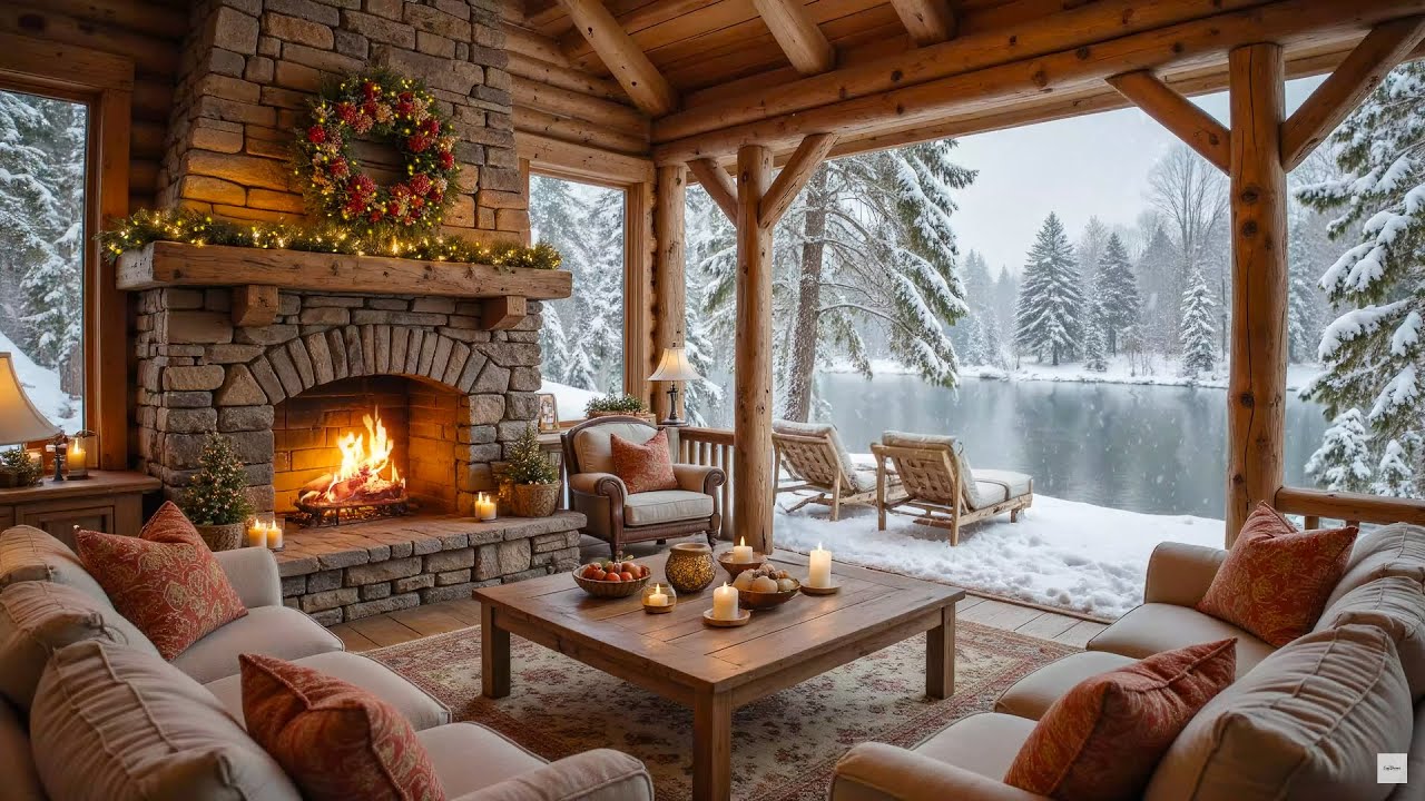 Soothing Piano on a Peaceful Winter Porch - Cozy Ambience with Fireplace & Relaxing Music