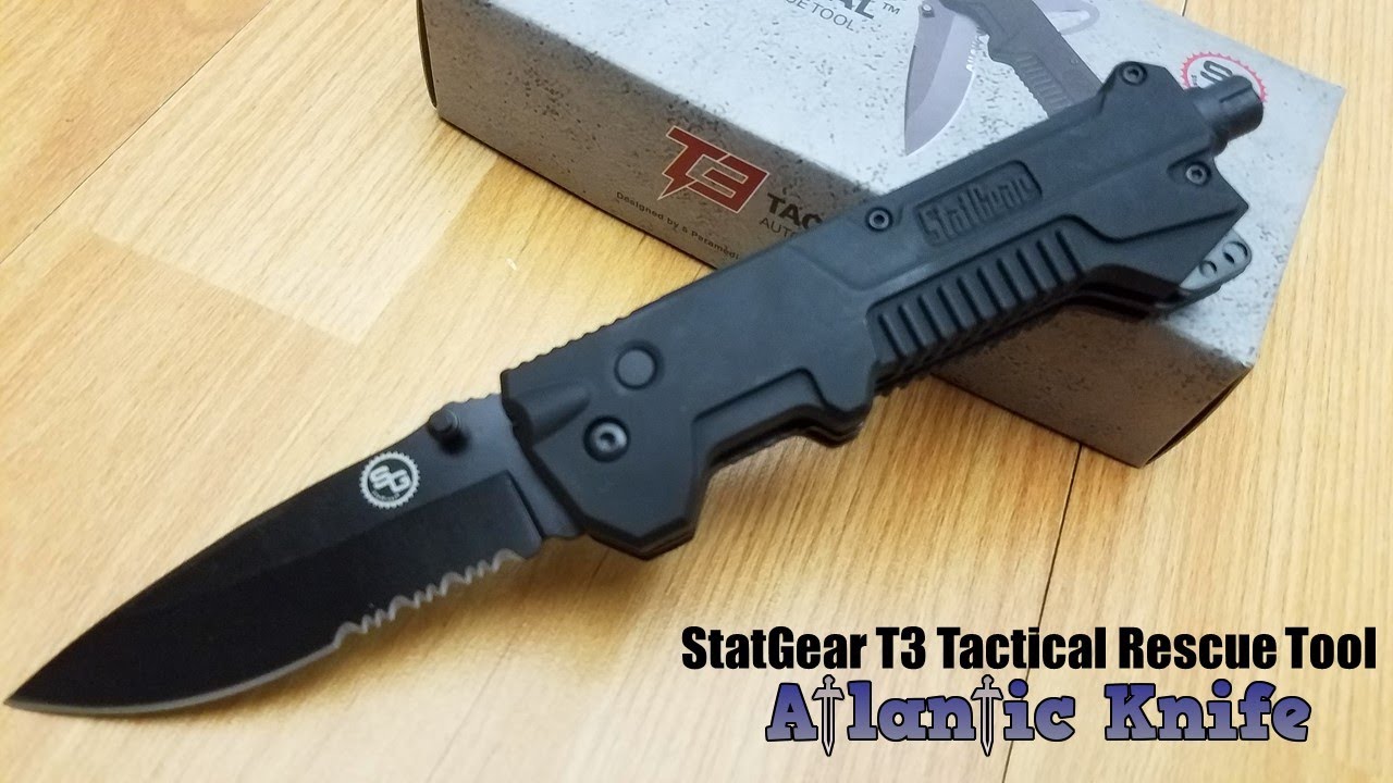 StatGear T3 Tactical Auto Rescue Tool w/ LED Light Black Folding Knife 01 