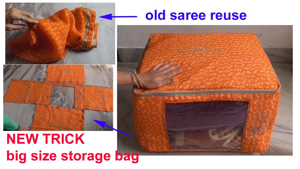 पुरानी साड़ी से न्यू ट्रिक से बनाया-big size cloth organizer ,old saree reuse / diy cloth storage bag