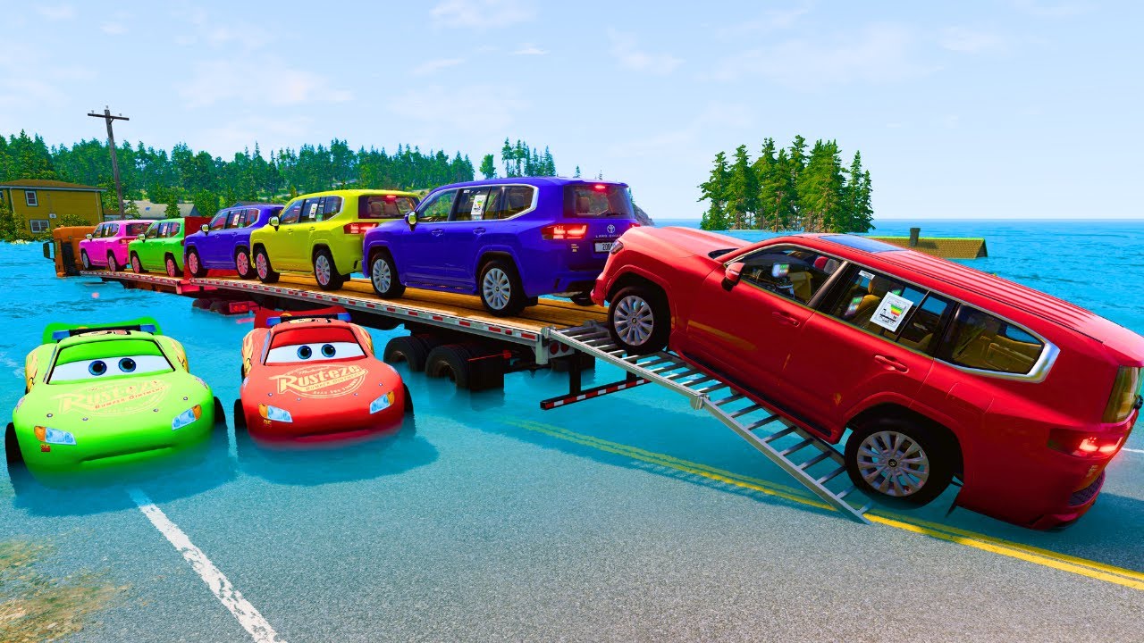 Triple Flatbed Trailer McQueen Transportation with Truck - Speedbumps vs Cars vs Train - BeamNG #20