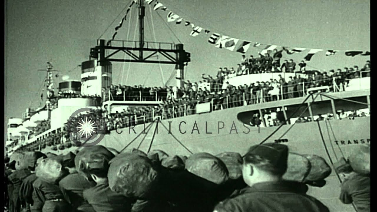 Farewell to American soldiers as they board a transport to leave Italy at Leghorn...HD Stock Footage