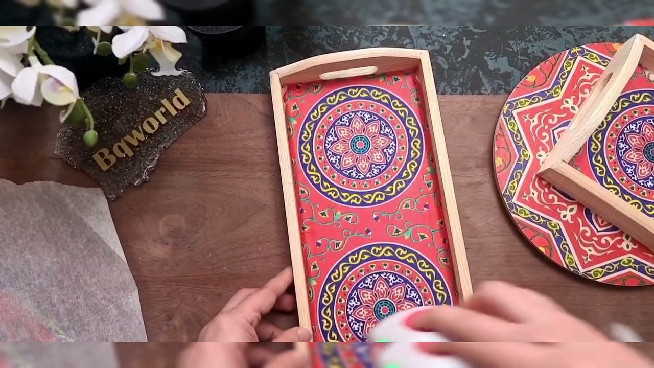 Decoupage on wood tray and box..ديكوباج على صينية خشب وعلبه باستخدام غرا واكياس نايلون