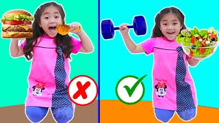 annie pretend play healthy vs unhealthy food kid learns good food vs junk food