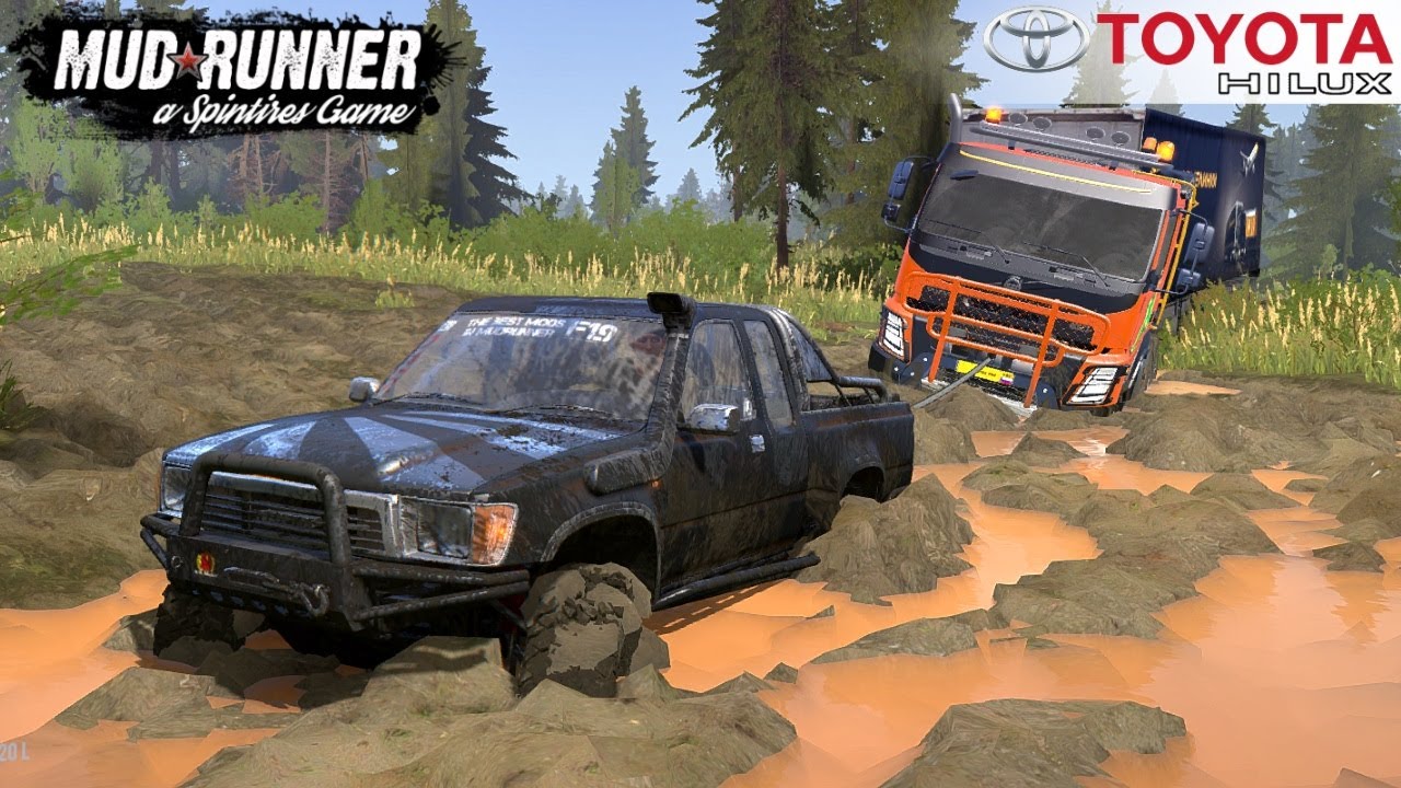Spintires: MudRunner - TOYOTA HILUX EXTRA CAB Pulls Volvo Semi Truck Through Mud