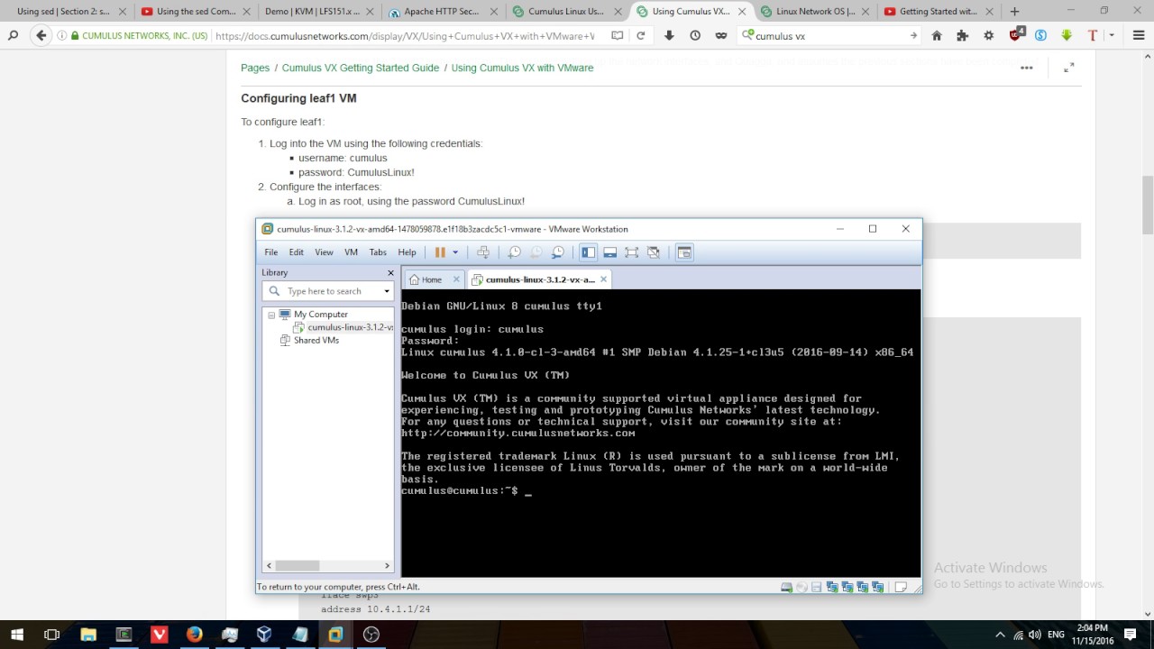 Использование Cumulus VX 3.1.2 с VMware Workstation Pro 12.5.2
