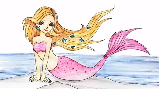 How to draw a Barbie Mermaid at the sea.. step by step / Drawing Tutorial