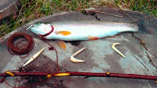 Homemade Primitive Survival Fishing Line Build | Carve Wooden Fish Hooks and Dog Bane Skills