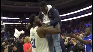 Joel Embiid lifting Kevin Hart like a kid
