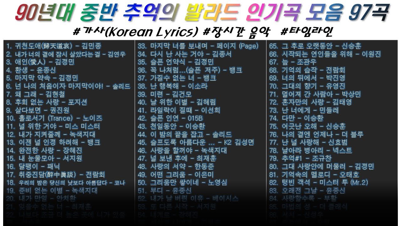 ⭐️1990년대 중반 추억의 발라드 97곡 | 가사(Korean Lyrics) | 타임라인 | 고음질 | 일할때 #노동요 ...