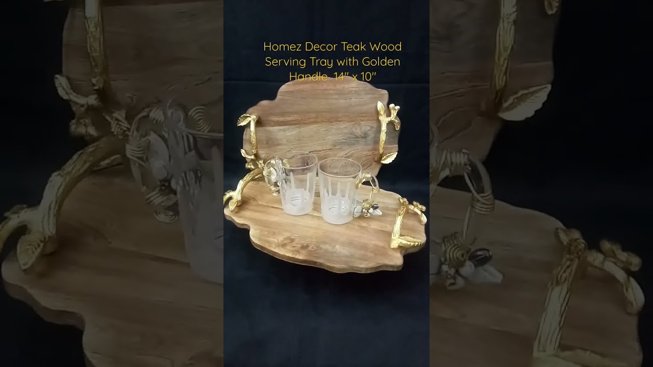 Teak Wood Serving Tray with Gold Metal Handle Antique Look - www.homezdecorindia.com - 9971082819