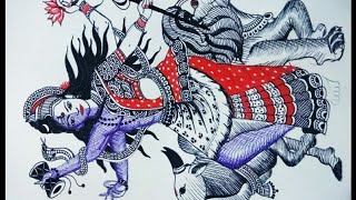 Ardhnareshwar/ Beautiful drawing of dancing half Shiva half parvati using black red and blue pen