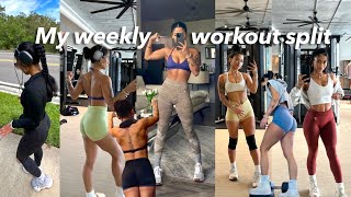 WEEK OF WORKOUTS | what I eat post-workout,  lower + upper body exercises, my weekly split routine