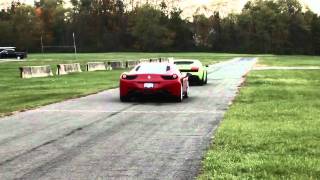 Lamborghini lp 560-4 in a drag race against ferrari 458 italia on
3,000ft airport runway during bullfest fall 2010. they did five runs
with the lambo tak...