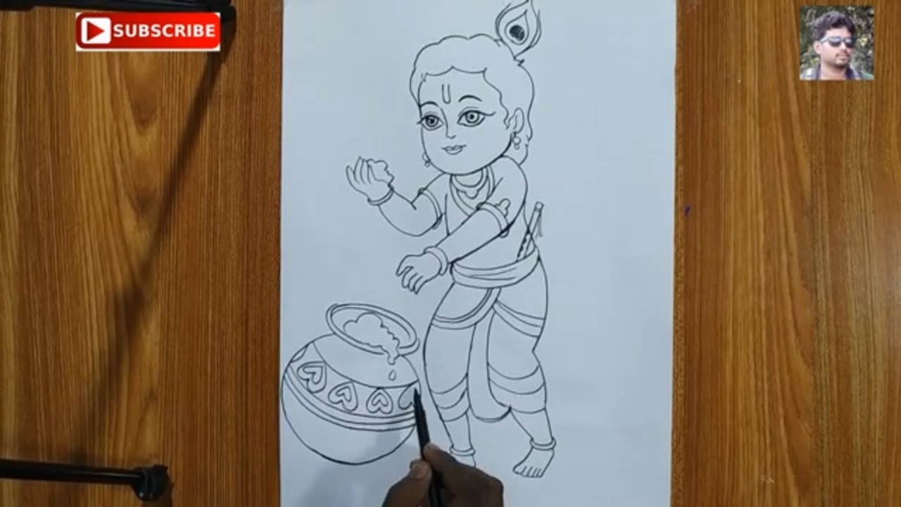 how to draw lord little krishna line drawing for kids step by step ...