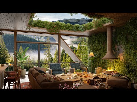 Spring Morning in Cozy Forest Ambience & Music Cafe Shop 4K ☕ Relaxing Musical Instruments, Campfire