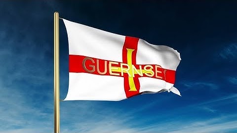4K Guernsey flag slider style with title. Waving in the wind with cloud background animation Stock