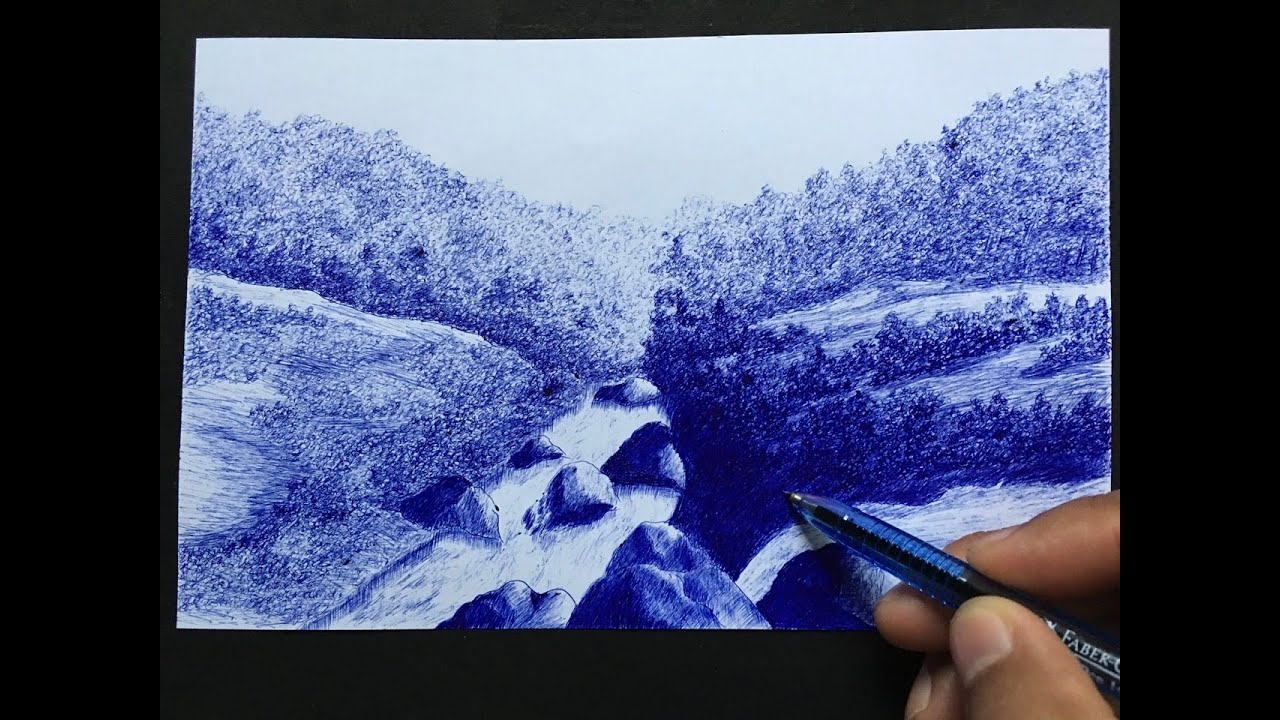 Blue ballpen drawing | Nature scenery | DENIS SAOR Art