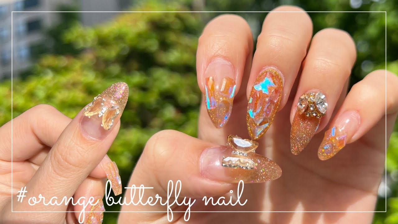 sub)【セルフネイル】キラキラオレンジネイル🧡🦋💅／簡単長さだし／はみ出し防止GOODアイテム紹介／ASMR