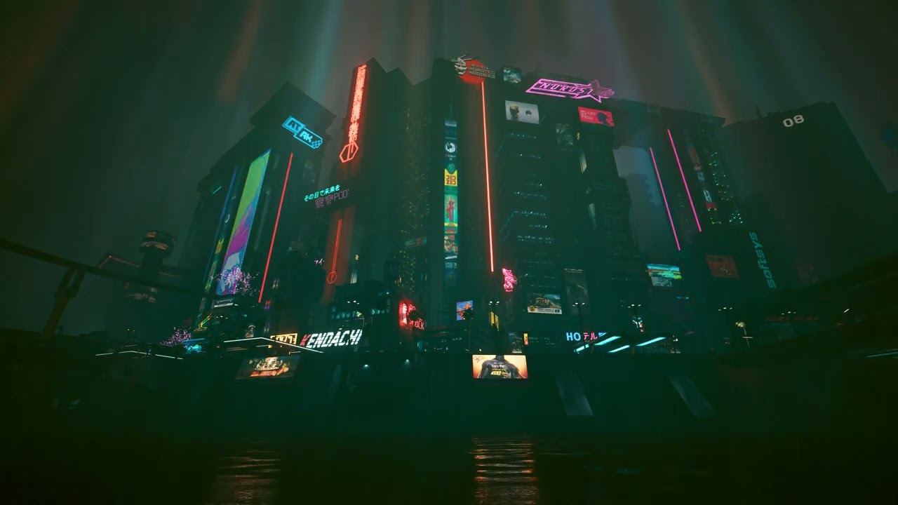 Cyberpunk Rainy Night Near the Water | Neon Lights & Distant City Sounds | 4K Ambience
