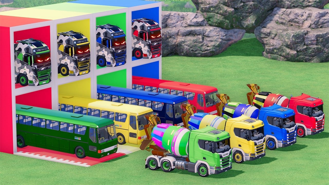 Trucks With COLORS - SCANIA GLOW MIXER TRUCK and MERCEDES BUS with MERCEDES FLATBED TRAILER TRUCK