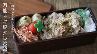 【お弁当作り】たった3品の簡単な万能ネギ塩ダレの豚肉炒め弁当bento＃634