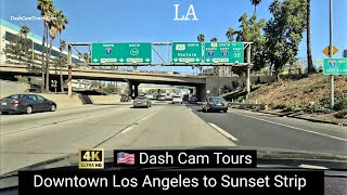 Driving from Downtown LA to Sunset Strip on Hollywood Freeway - 4K