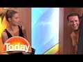 Jennifer Hawkins gives Karl a spray tan