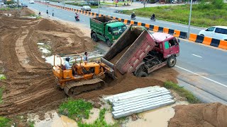 Starting New Plan Filling Land By D20P Dozer Pushing Sand & Miniature Dump Truck Unloading Sand