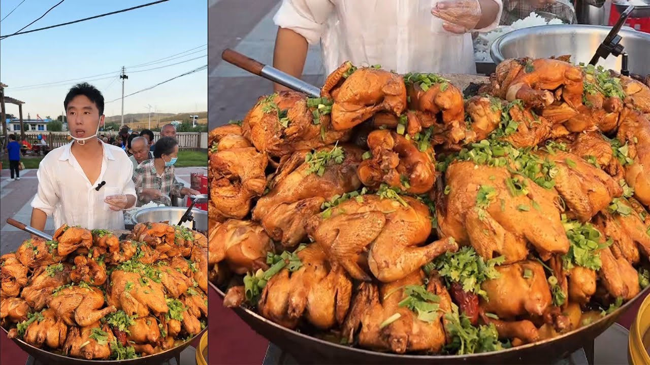A Chinese Guy Cook Free Chickens / Dinner for the elders on the Street in a Village