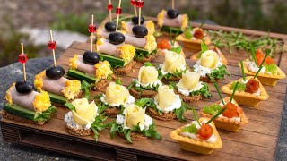 Finger food ideas for party. Triangular stuffed with paste, mini rolls, cheese roses