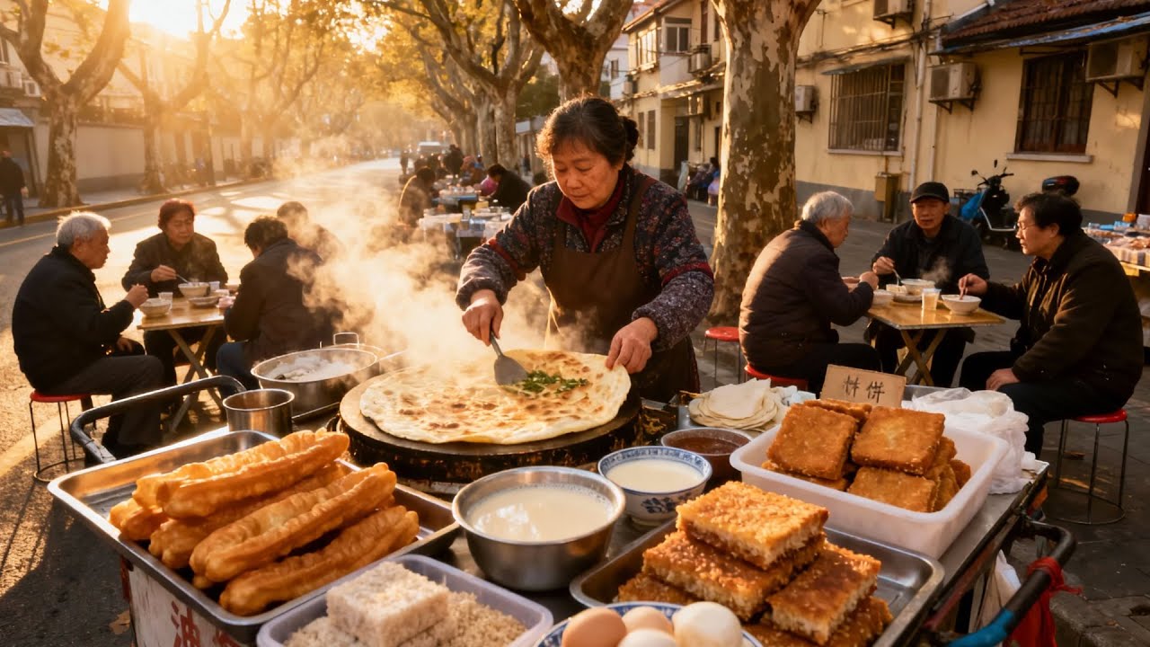 上海早餐狂歡：嘉陵路碳水街頭美食大探索！上海早餐四大金剛：大餅、油條、粢飯和豆漿，老上海蔥油餅，羌餅，楓涇粽子，蟹殼黃，生煎，鍋貼，水煎包，煎餅馃子，河南菜餅，雲燒餅，油炸魚，山東大饅頭。
