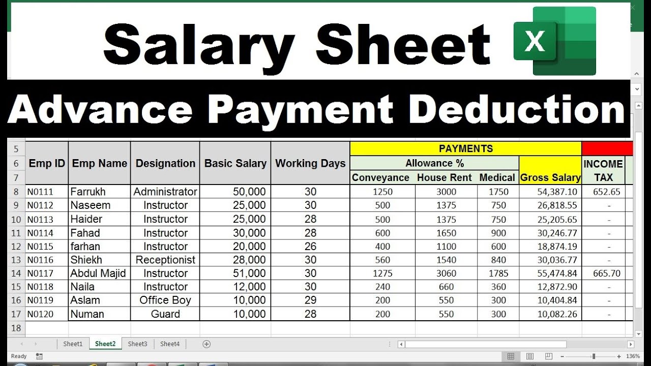 Salary Sheet In Excel With Formula Salary Sheet Sample Youtube