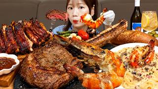 Sub)Cooking Mukbang- King Tiger Shrimp 🦐 Tomahawk Steak 🥩 Cream Pasta 🍝 BBQ 🍖 ASMR KOREAN FOOD