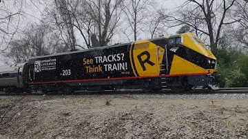 Amtrak 156 with Amtrak 203 Operation Lifesaver unit leading in Charlottesville Virginia