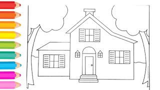 House drawing art and colouring for kids and toddlers , easy step to draw house and colour in house