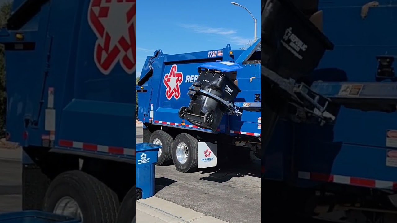 brand new garbage picks up an Overfilled recycling bin
