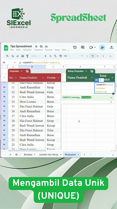 Kombinasi UNIQUE & COUNTIF untuk Hitung Berapa Kali Orang Belanja! - Tips Spreadsheet