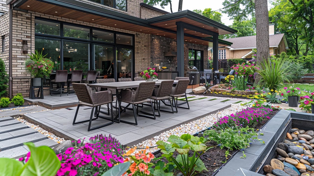 Modern Backyard Patio Design with Dining Area &amp; Colorful Flower Beds ...