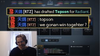 'NOOO, Arteezy picked me man! he has like 30% winrate' TOPSON reaction when Arteezy 1st picked him