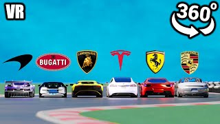 360° VR Video || Tesla vs Lamborghini  vs Porsche vs Bugatti vs Ferrari vs McLaren