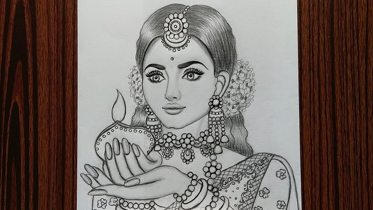 Traditional girl with diya drawing/Bride drawing/Saree drawing/Girl