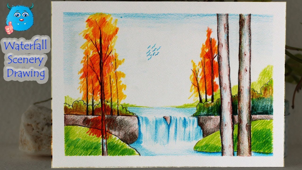 How to Draw Easy Scenery | Drawing Waterfall at Sunset Scenery Step by Step  with Oil Pastels - YouTube