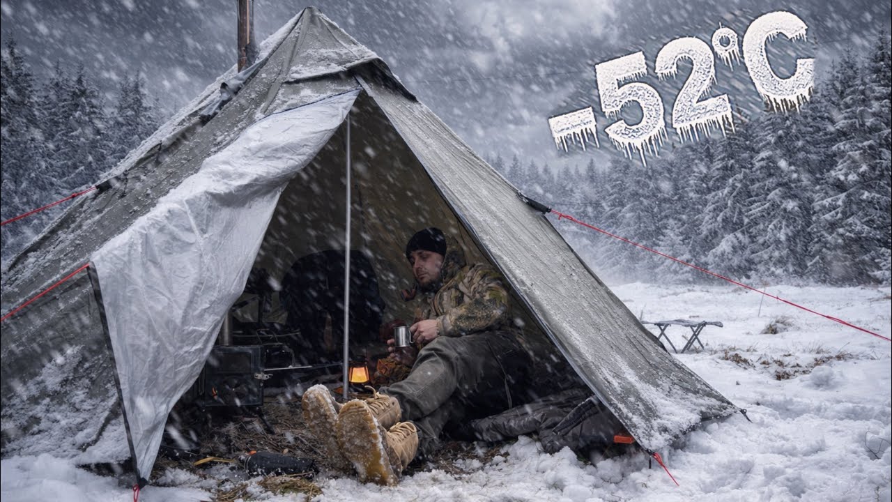 2 Days Hot Tent Camping in Extreme Cold –52°C | Solo Winter Survival