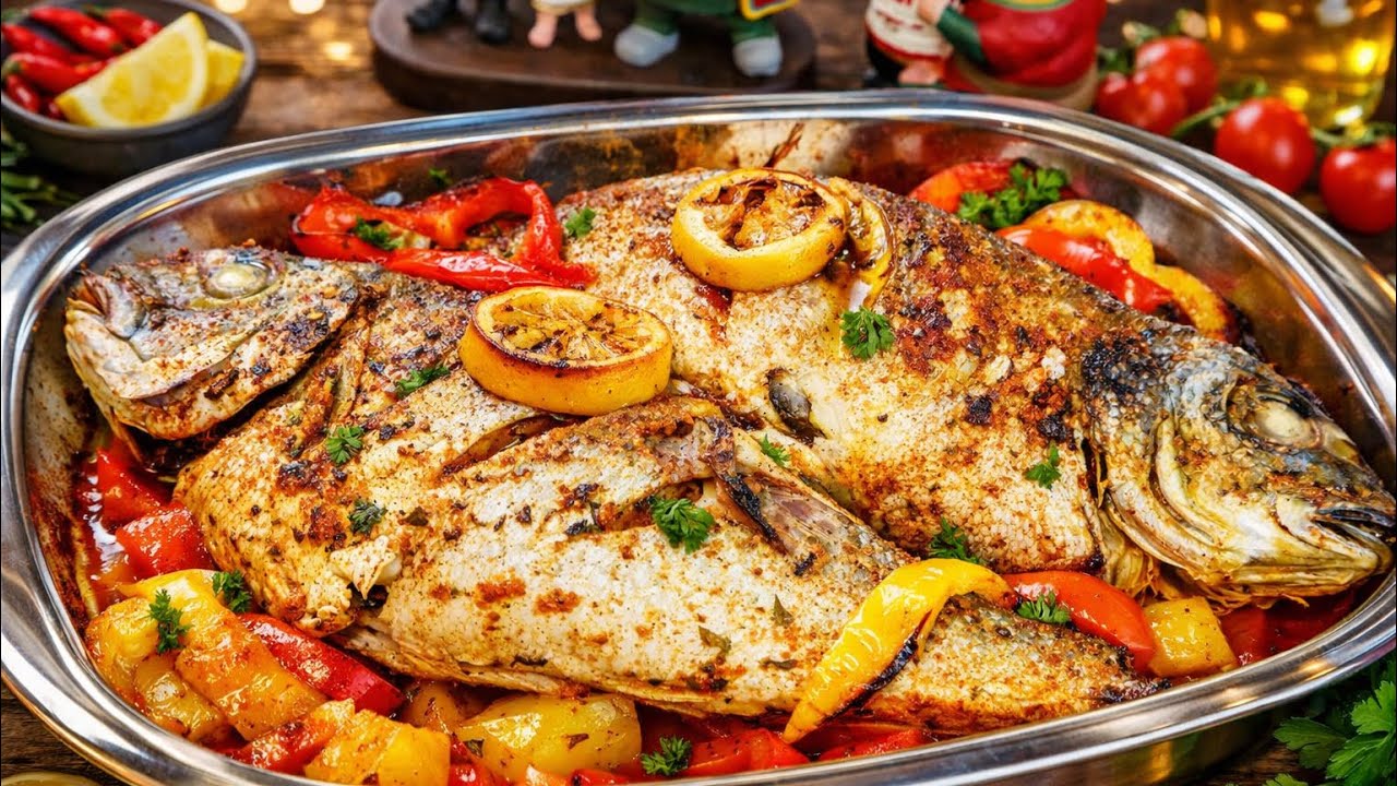 طريقة أسهل وألذ صينية السمك المحشي في الفرن مع الخضار