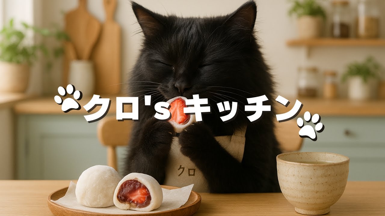 料理】ふわふわ黒猫クロのいちご大福作り！【AI 猫】 - YouTube