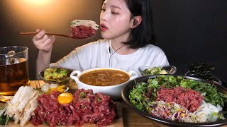 SUB)육회 잔뜩 쌓아놓고 먹방 육회비빔밥 된장찌개까지 리얼사운드 yukhoe (Korean-style raw beef) Bibimbap Mukbang ASMR