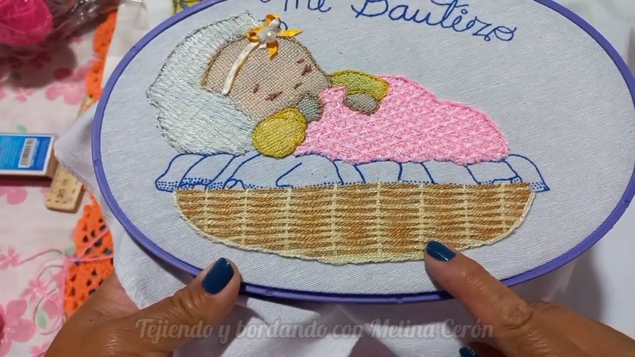 Bordado cobija y moisés/Hand embroidery/Mi bautizo/ Tejiendo y bordando con Melina Cerón