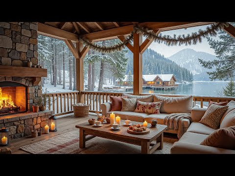Warm Winter Cabin On Snowy Day Peaceful Ambience Fireplace Sound With Jazz Music For Relaxation 