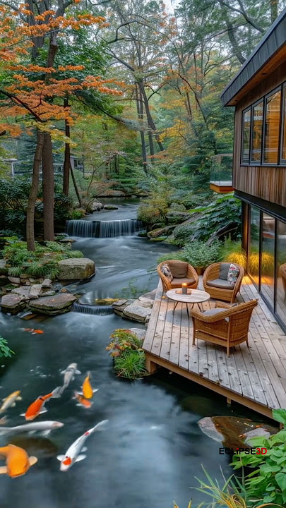 'Peaceful Garden Stream Ambience 🌿 | Cozy Koi Pond by the Forest Cabin'